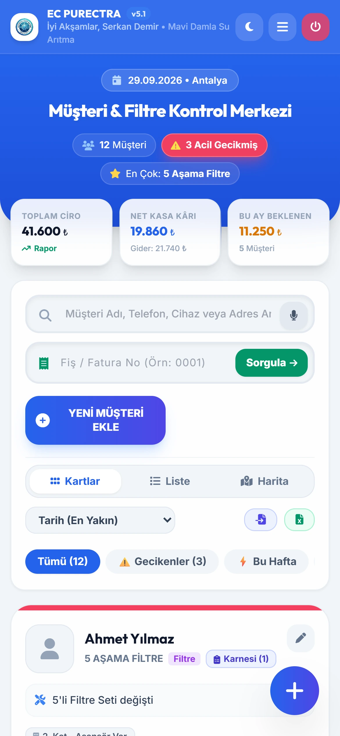 Telefonda EC Purectra paneli: ciro, net kasa kârı, bu ay beklenen tahsilat ve müşteri arama.